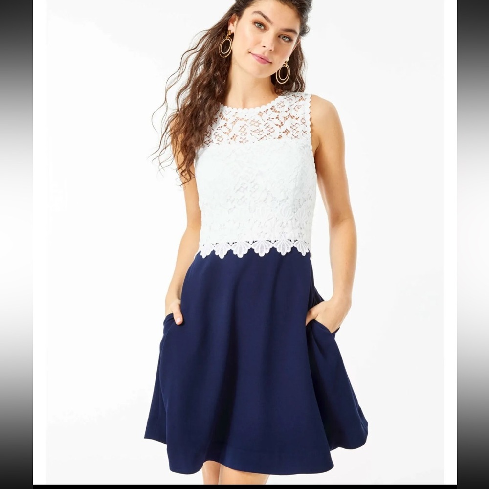 Lilly Pulitzer White Lace & Navy Fit-and-Flare Dress